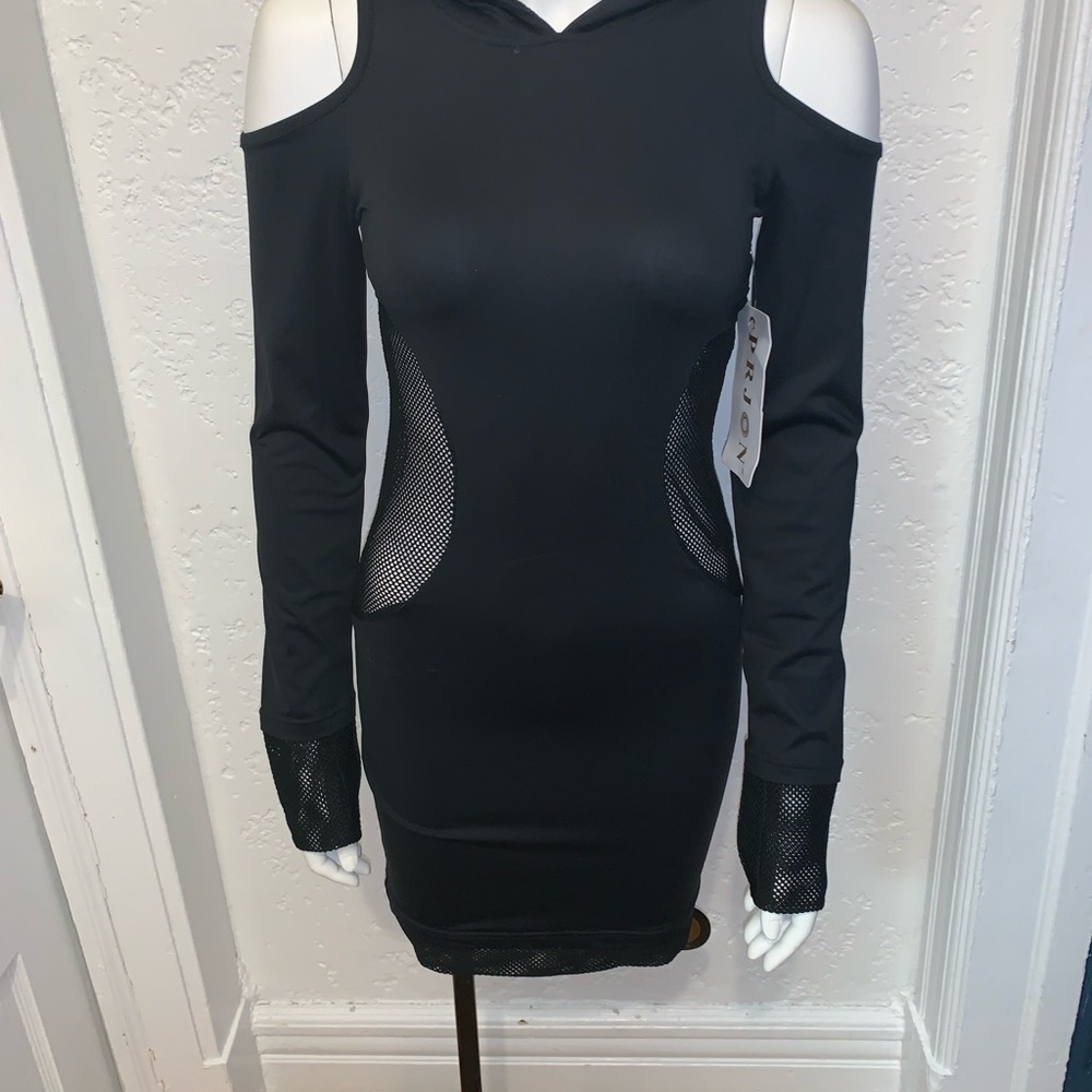 Prjon Cold Shoulder Cat Ear Hoodie Dress BLACK - Picture 5 of 5